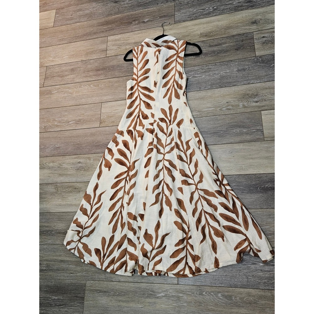 Kariella Women Small Brown Cream Leaf Print Sleeveless Button Front Midi Dress - Picture 2 of 8